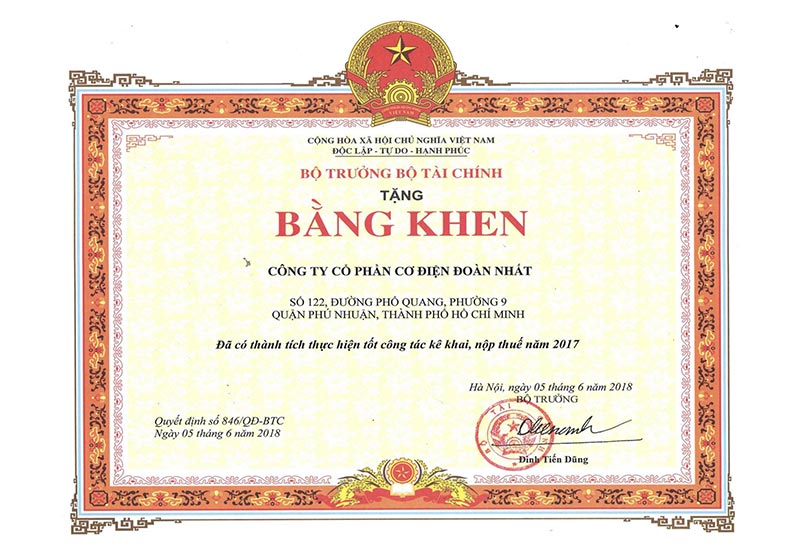 Bằng khen về có thành tích tốt công tác kê khai, nộp thuế năm 2017