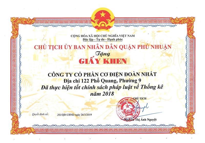 Bằng khen đã thực hiện tốt chính sách pháp luật về thống kê năm 2018