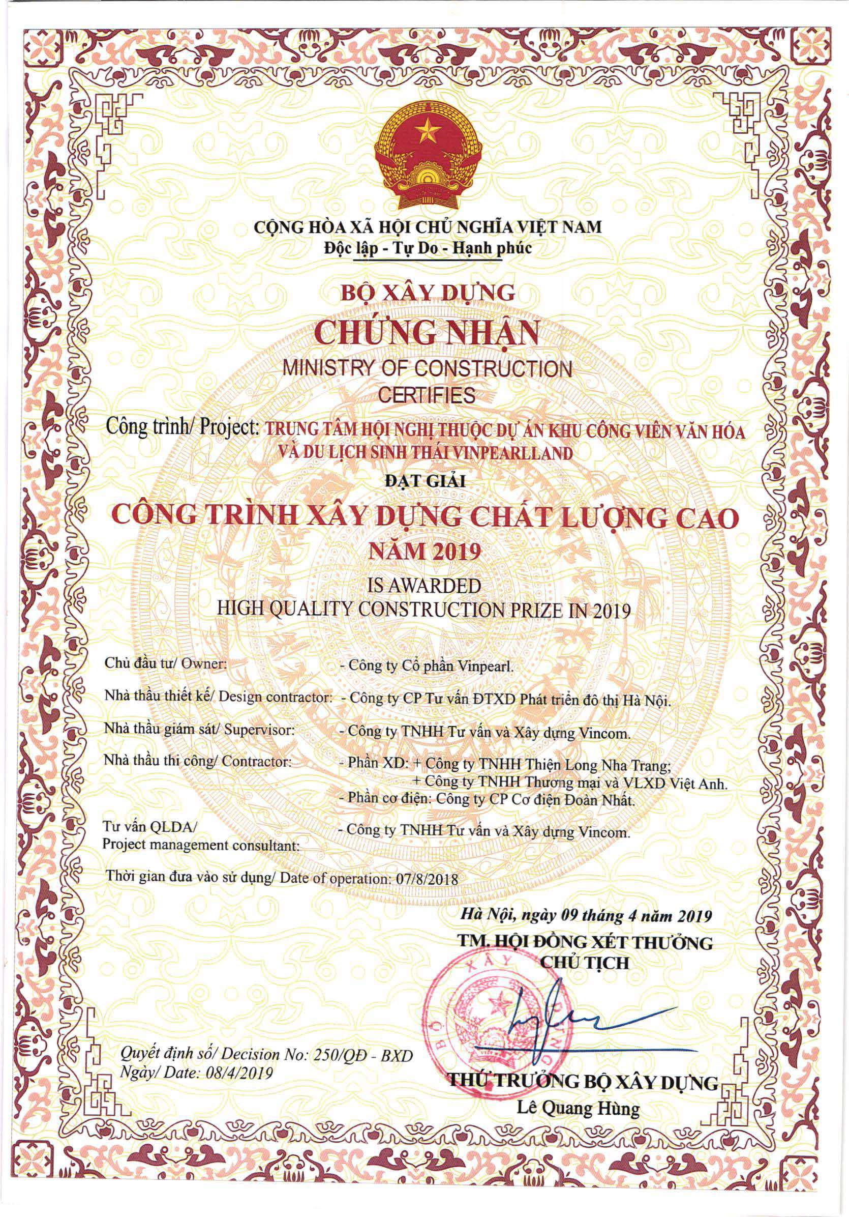 Bộ Xây Dựng Chứng nhận công trình xây dựng chất lượng cao năm 2019