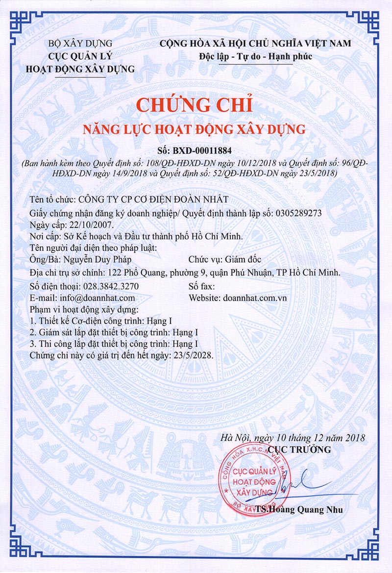 Chứng chỉ Năng lực Hoạt động Xây dựng Hạng 1 (Thiết kế - Giám sát - Thi công)