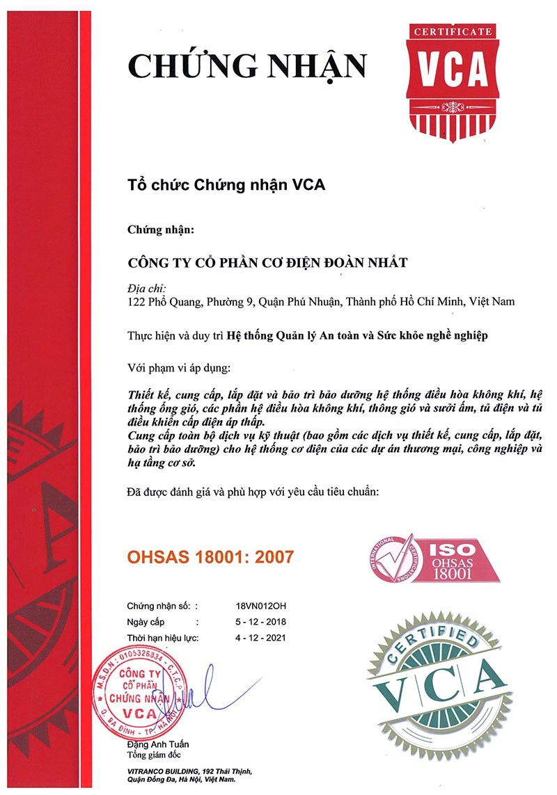 Chứng nhận Hệ thống quản lý An toàn sức khỏe nghề nghiệp OHSAS 18001:2007