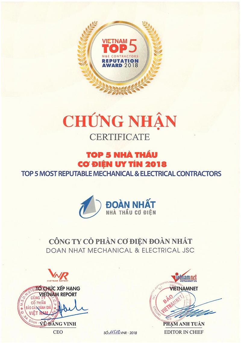 Chứng nhận top 5 Nhà thầu Cơ Điện năm 2018