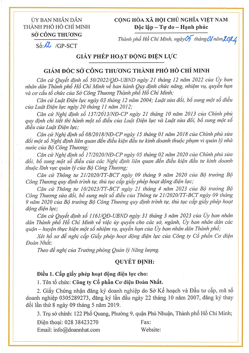 Giấy phép hoạt động điện lực